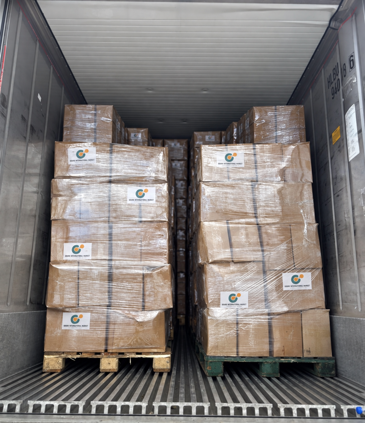 A full reefer container loaded with Gouro pallets